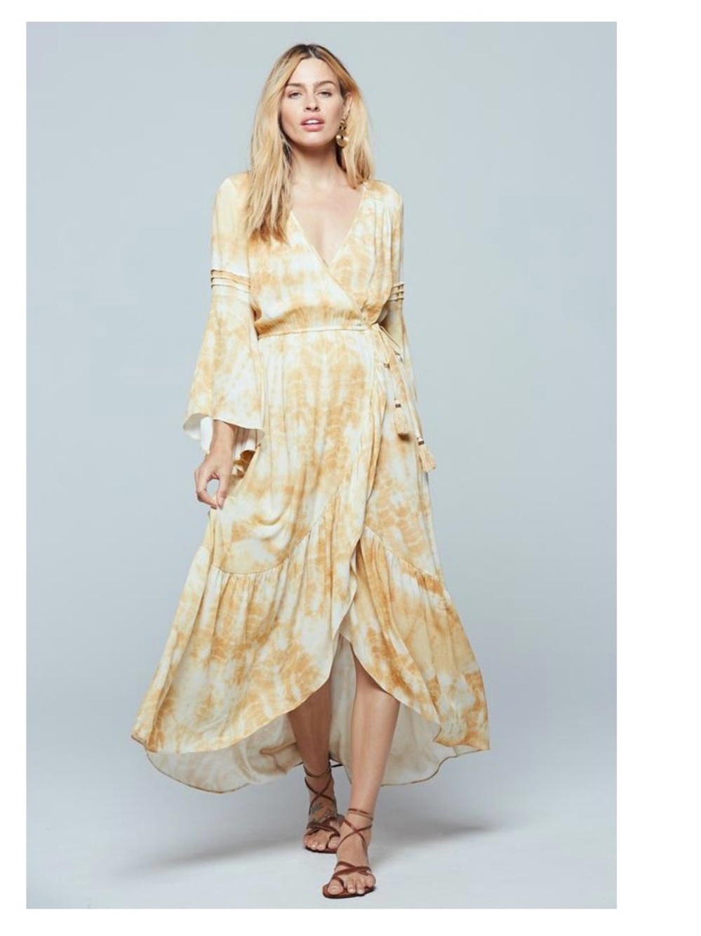 ANTHROPOLOGIE Band of Gypsies Zion Tie-Dye Wrap Maxi Dress in Soft Yellow